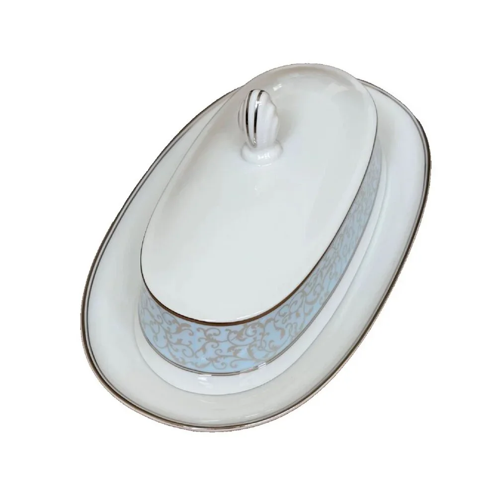 brand new w/ tags Mikasa PARCHMENT BLUE Covered Butter Dish w/ Platinum Scrolls